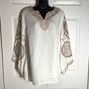 Chicos Shirt Womens 1 8/10 White Brown Linen Blend Embroidered Boho Tunic Top